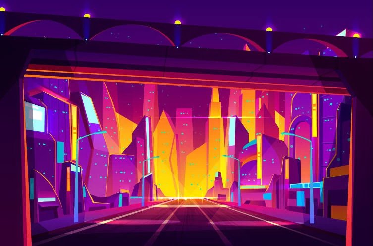 未来科技科幻霓虹灯渐变绚丽城市建筑夜景灯光插画AI/PSD设计素材100套【031】